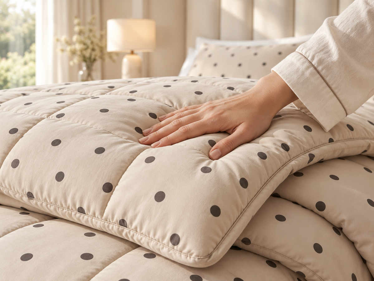 Hand gently pressing the padded edge of a Sand Dot comforter.
