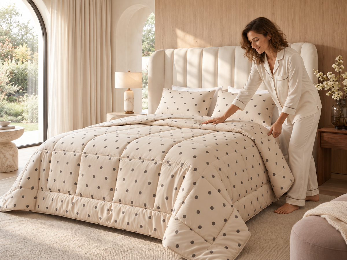 Woman smoothing a Sand Dot comforter on a bed with matching pillowcases.
