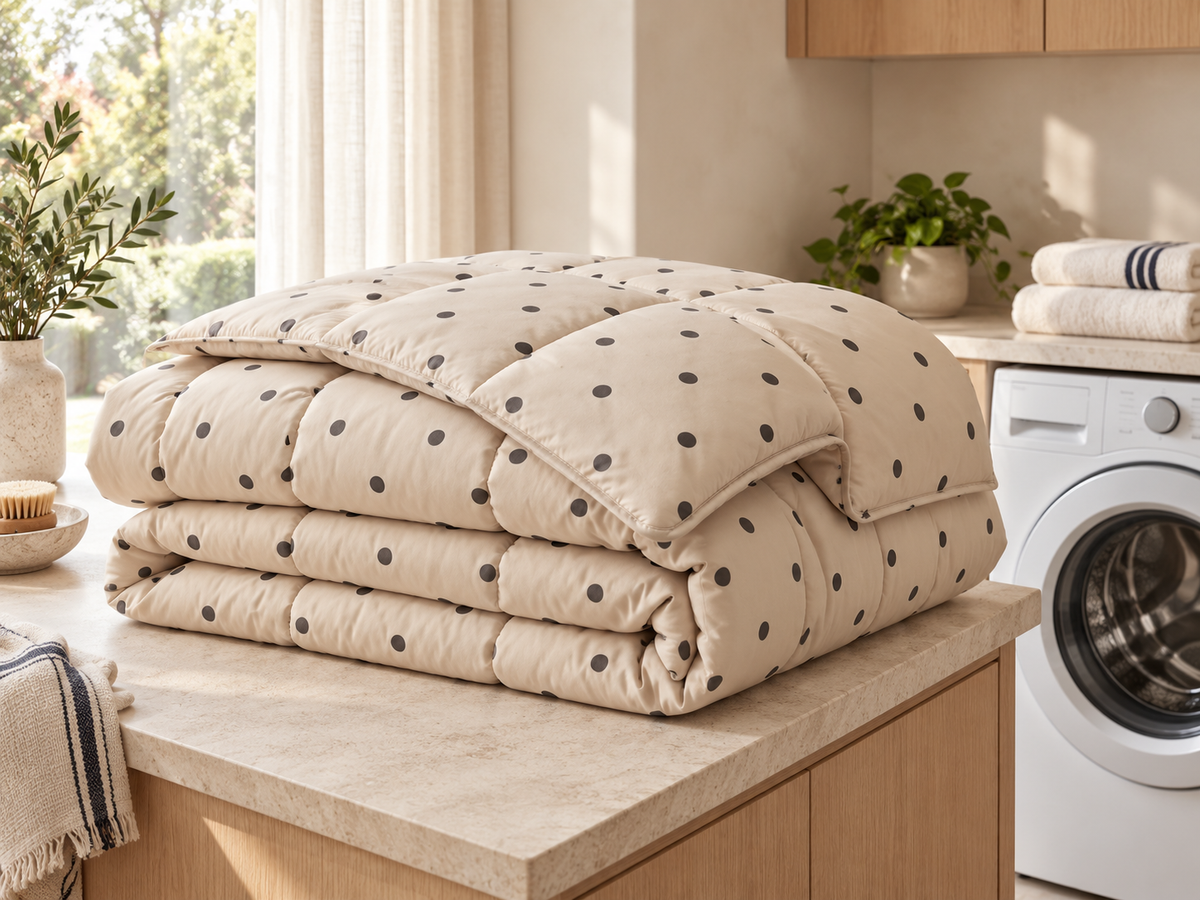 Folded Sand Dot comforter on a counter beside a closed washing machine.