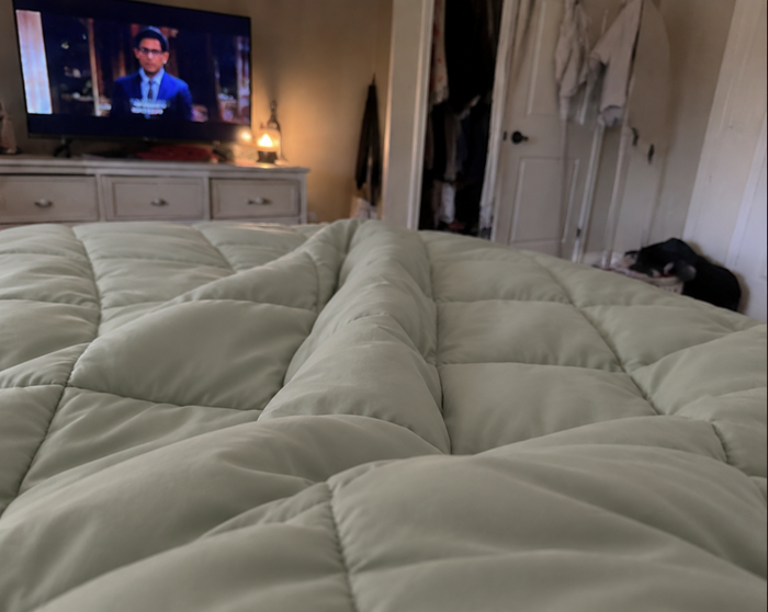 AI-generated demo image of the HelloBed Sage comforter in a home setting.