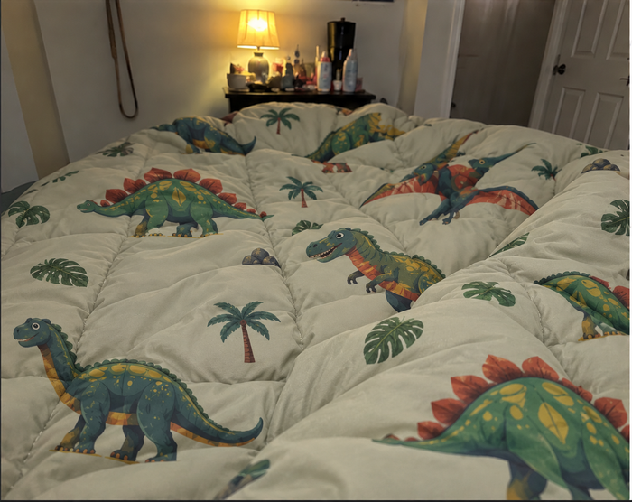 AI-generated demo image of the HelloBed Dino comforter in a home setting.