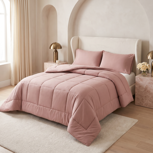 Blush comforter with matching pillowcases in a styled bedroom
