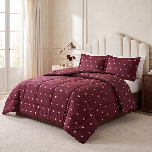 Burgundy Hearts comforter with matching pillowcases in a styled bedroom