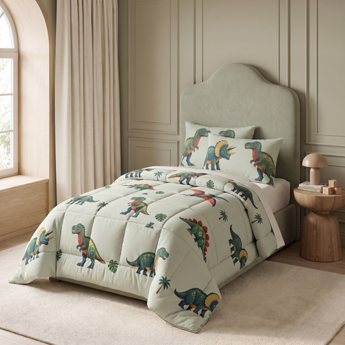 Dino comforter with matching pillowcases in a styled child bedroom