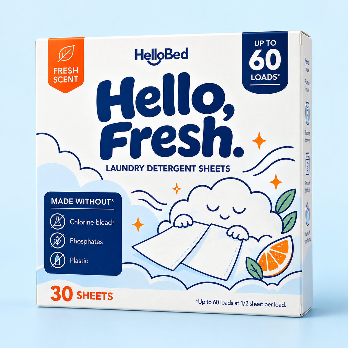 HelloBed Hello, Fresh laundry detergent sheets box on a pale blue background.