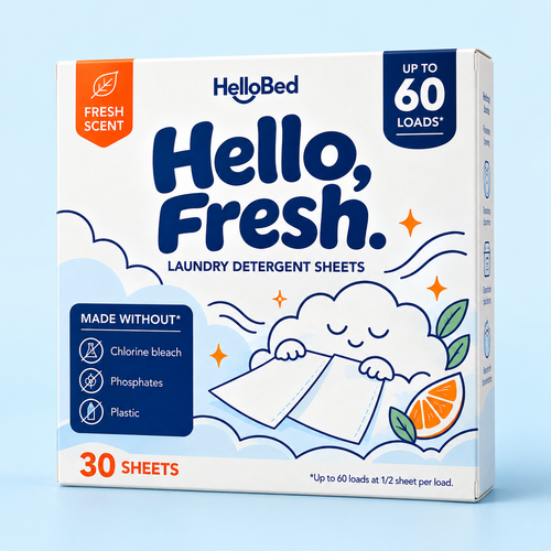 HelloBed Hello, Fresh laundry detergent sheets box on a pale blue background.
