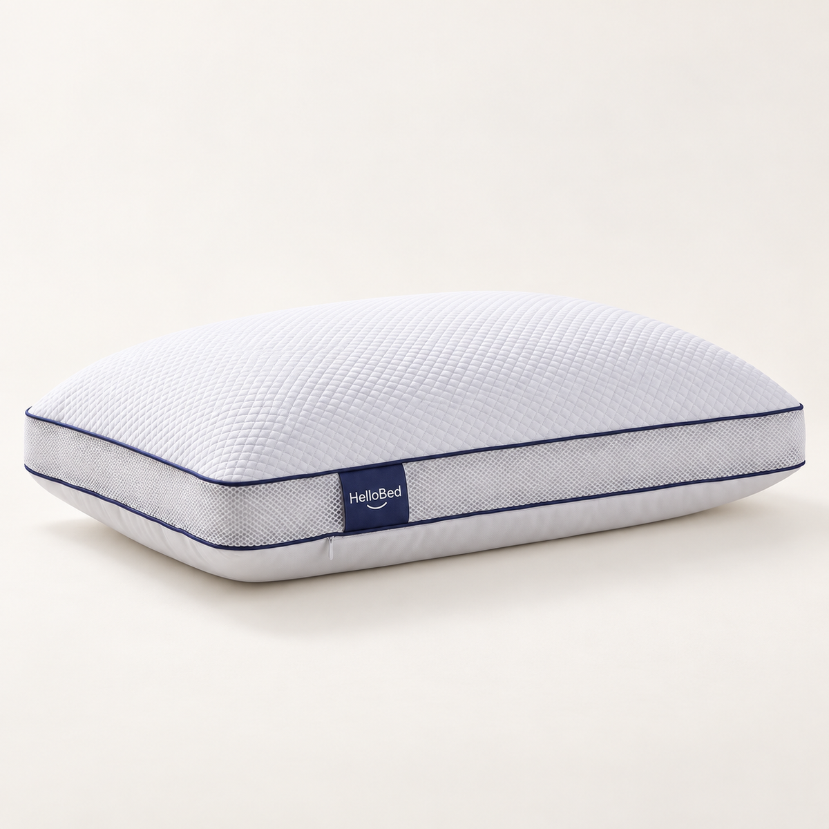 HelloBed adjustable pillow with quilted cooling top, white mesh gusset and navy piping